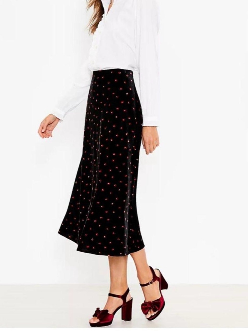 LOFT Black Midi Skirt with Red Polka Floral Dot